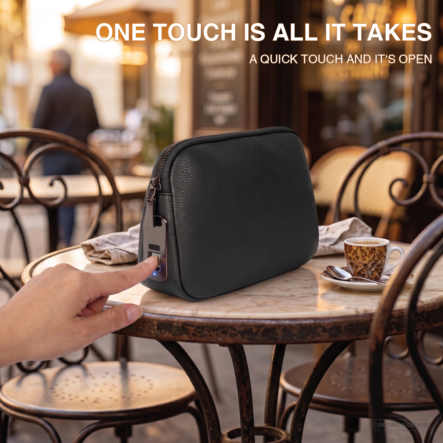 Finger touching the fingerprint sensor of the black Tech-Clutch on a marble café table – one touch is all it takes