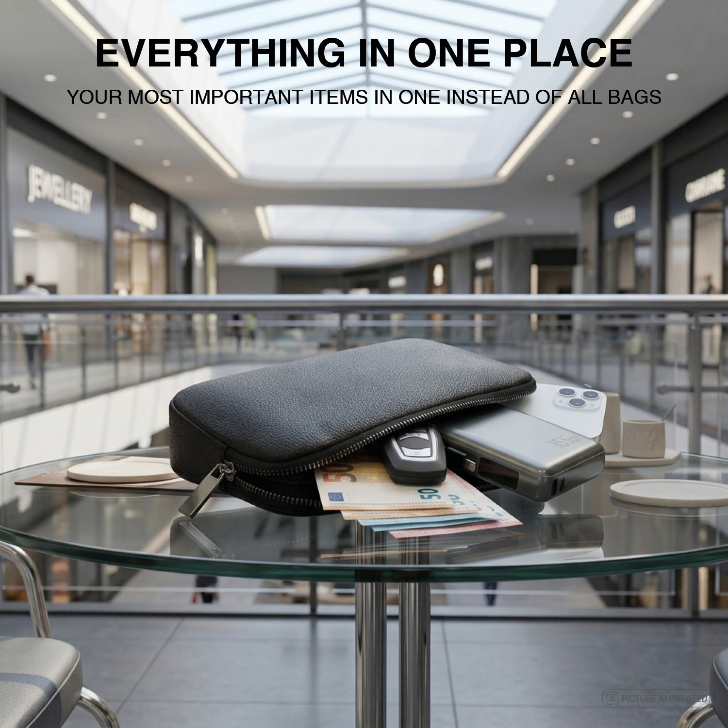 Open Tech-Clutch on a glass table in a shopping mall with car key, smartphone, power bank and banknotes visible inside – everything in one place