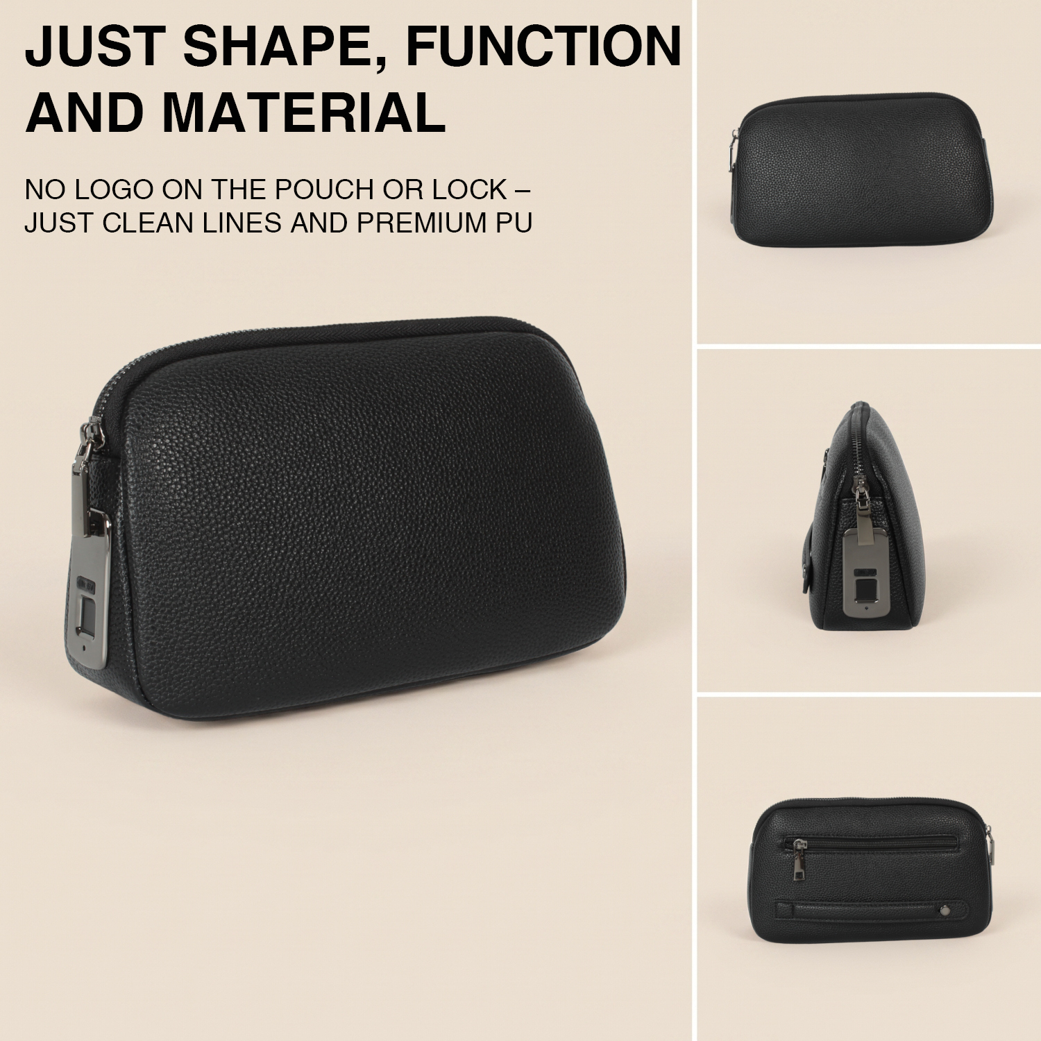 Four-angle product collage of the black Tech-Clutch – no logo on the pouch or lock, just clean lines and premium PU