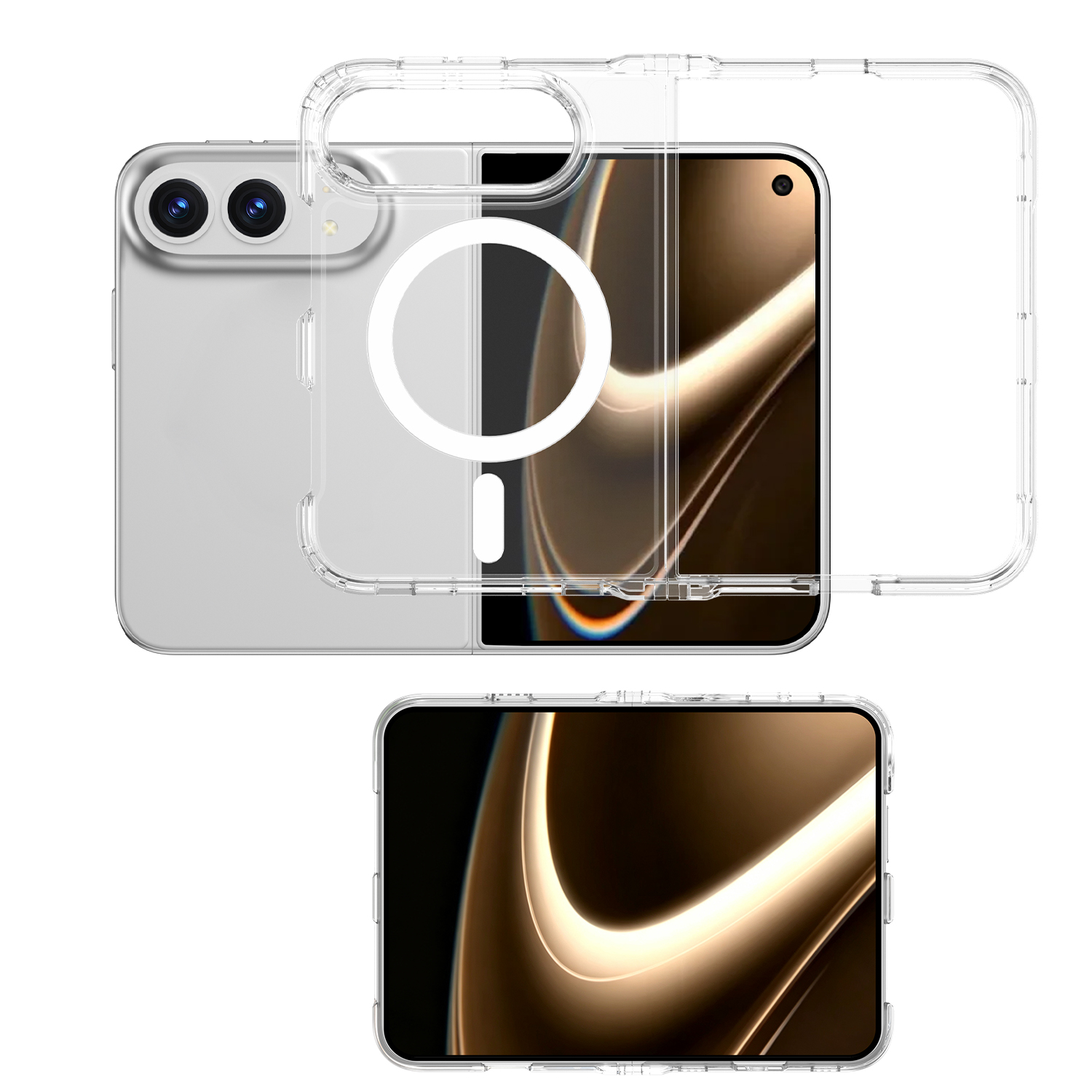 Transparente Schutzhülle für iPhone Duo mit Aussparung für Dual-Kamera, MagSafe-Ring und Scharnierbereich, auf- und zugeklappt