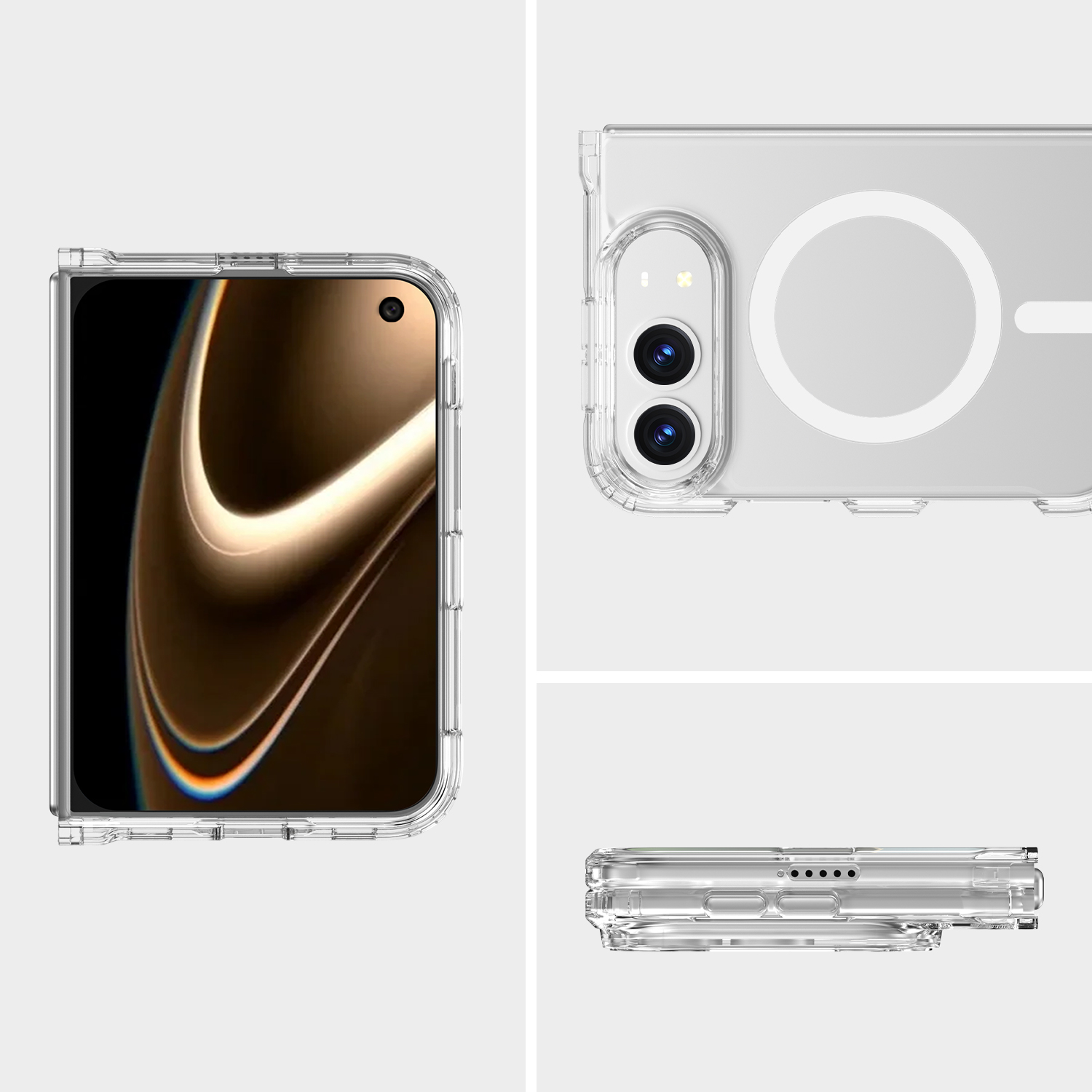 Transparente iPhone Duo Hülle in drei Ansichten: zusammengeklappt von vorne, Nahaufnahme der Kamera-Aussparung mit MagSafe-Ring und Seitenansicht mit Tasten und Anschlüssen