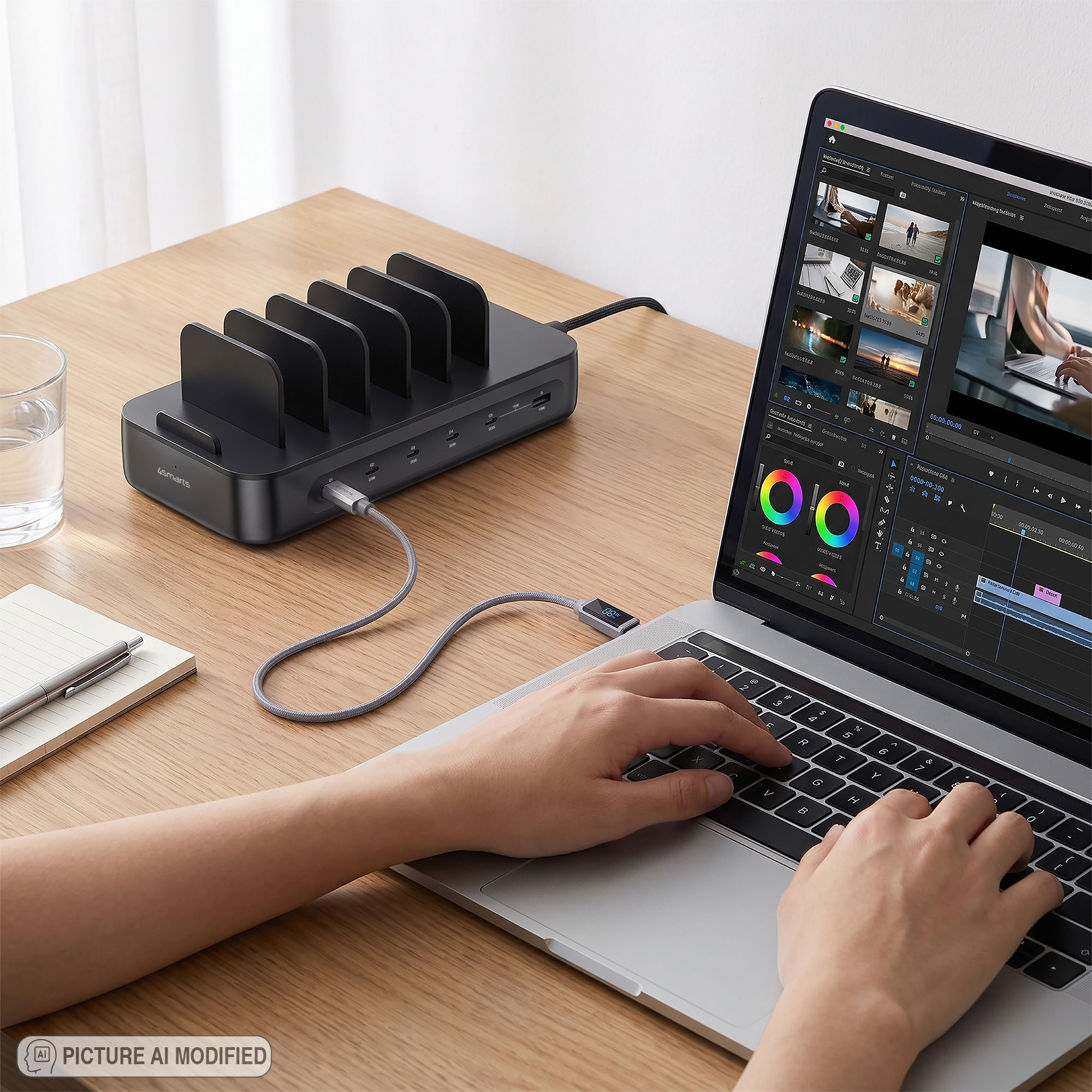 Ladestation Team FlexPower lädt einen Laptop über den 100-W-USB-C1-Port am Schreibtisch