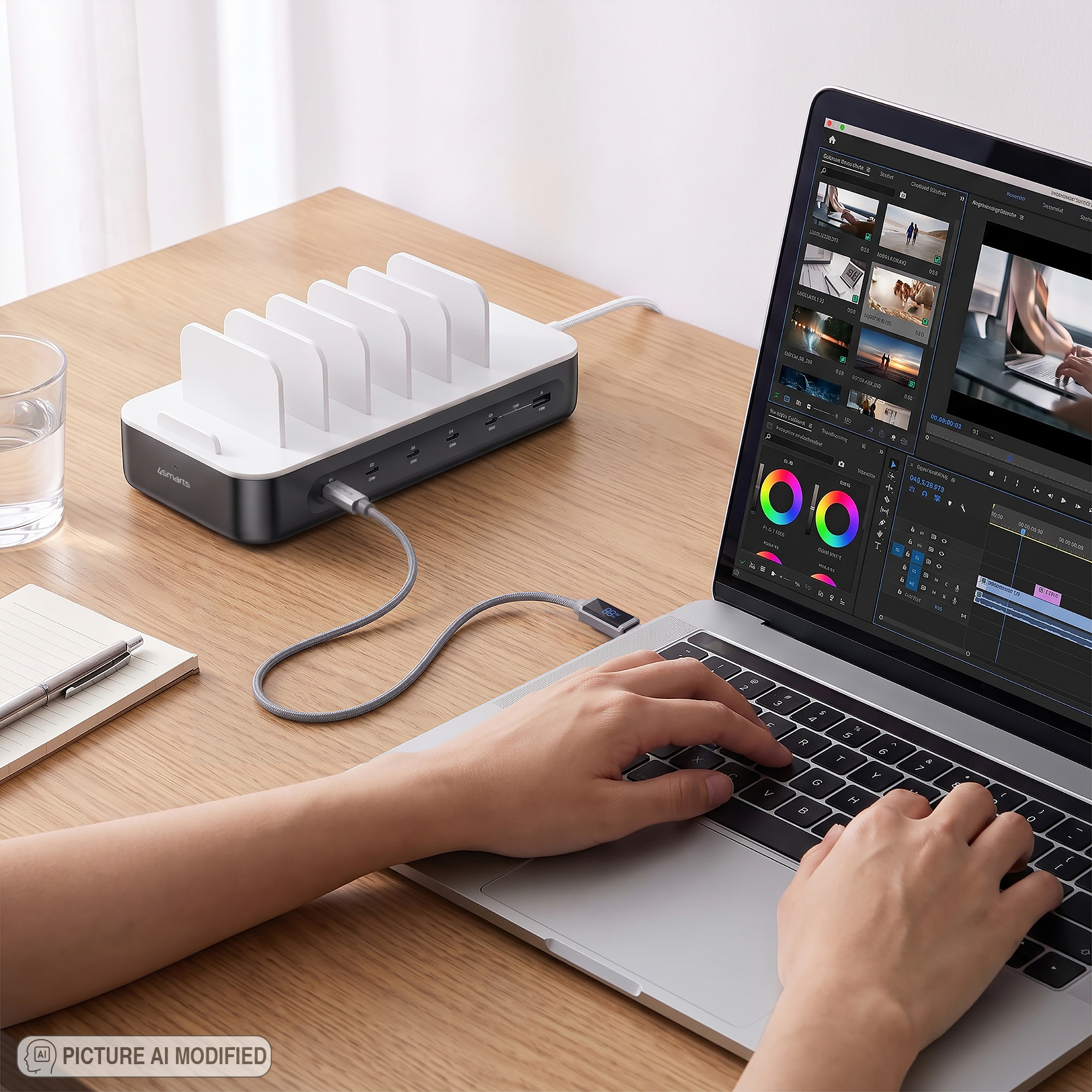 Ladestation Team FlexPower lädt einen Laptop über den 100-W-USB-C1-Port am Schreibtisch