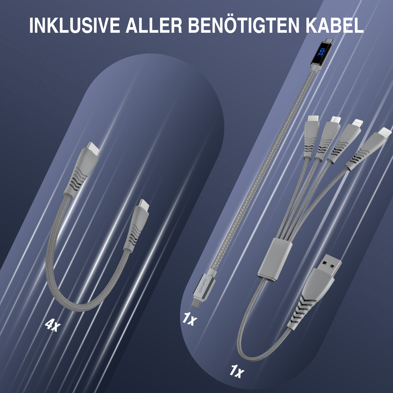 Inklusive aller benötigten Kabel: 4x USB-C-Kabel, 1x DigitCord und 1x 4in1-Multiladekabel