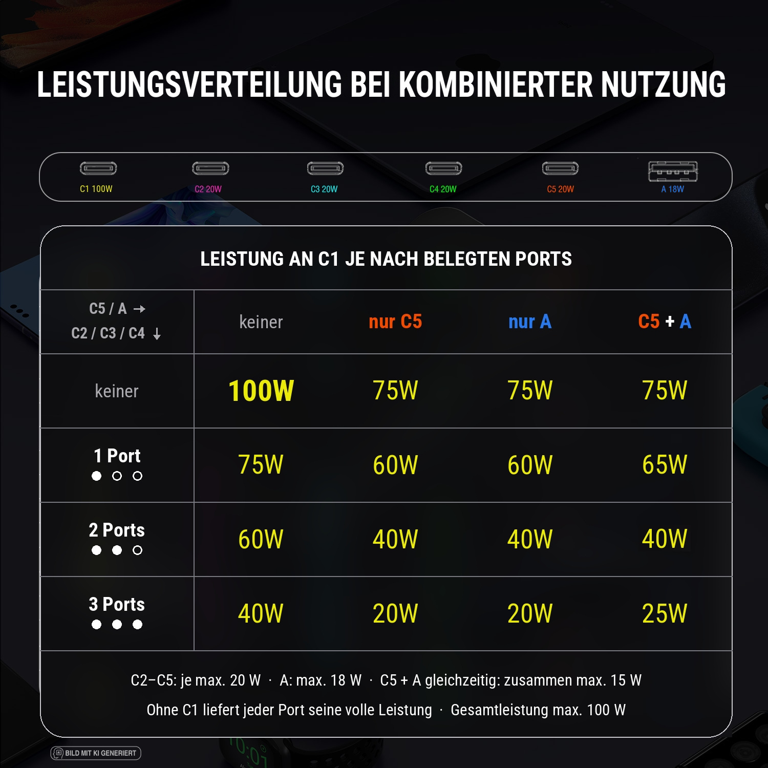 Übersicht der Stromverteilung der 4smarts Ladestation Team mit kombiniertem Ausgang. Gezeigt werden die Leistungswerte der fünf USB-C-Anschlüsse und des USB-A-Anschlusses, einschließlich maximaler Wattzahlen und geteiltem Ausgang bei paralleler Nutzung.