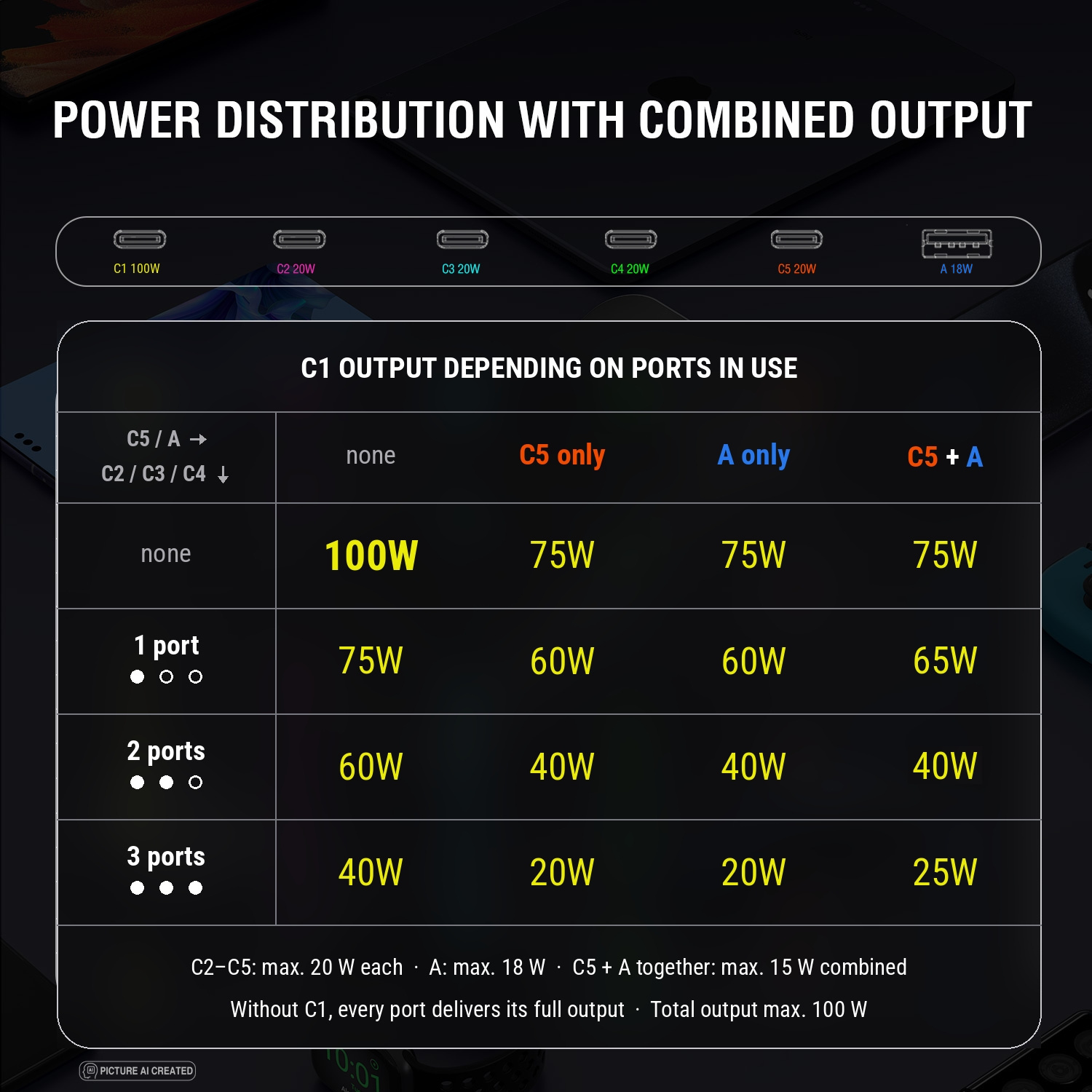 Overview of the power distribution of the 4smarts charging station Team with combined output. The power values of the five USB-C ports and the USB-A port are shown, including maximum wattages and split output for parallel use.