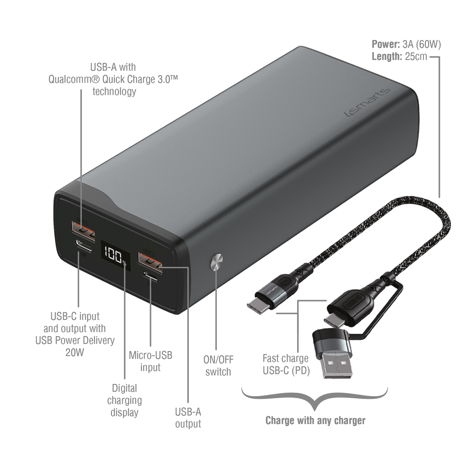 The VoltHub Pro 10000mAh 22.5 W powerbank from 4smarts is equipped with multiple ports and offers a variety of ways to charge the battery.